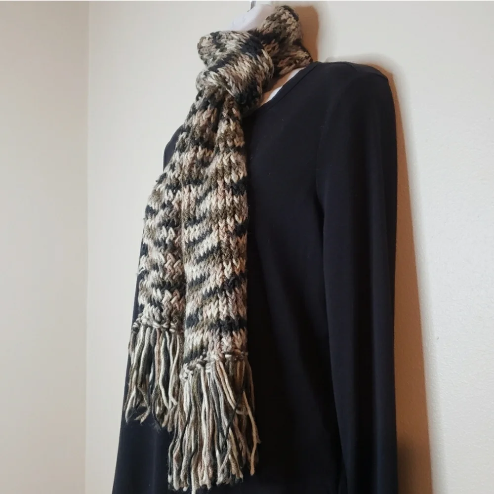 Neutral Earth Colors Handcrafted Crochet Scarf with Fringe Edges